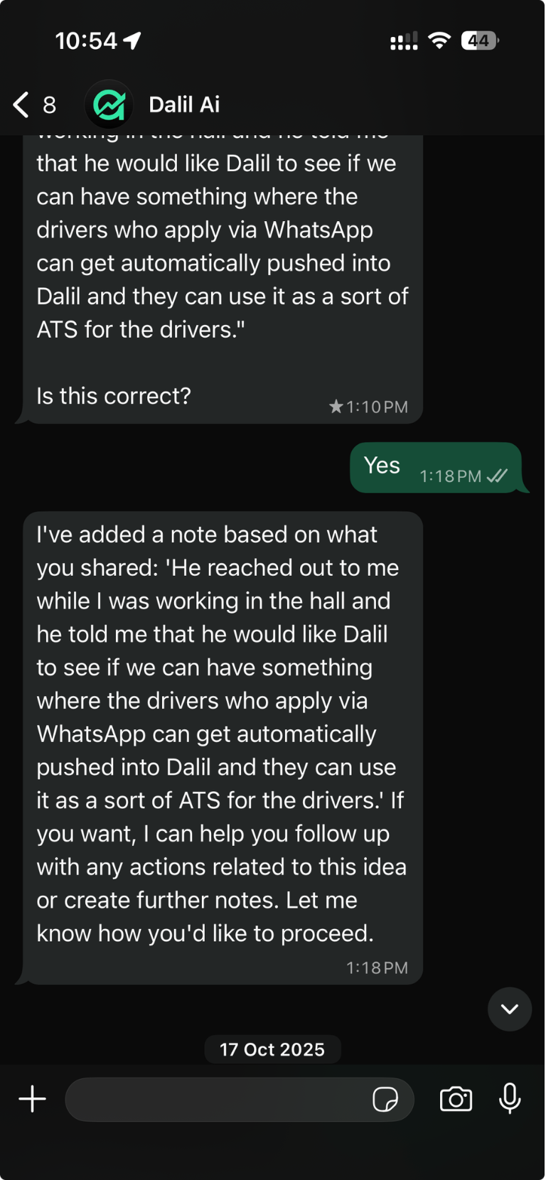 User confirms the note — Ask Dalil saves it to the CRM
